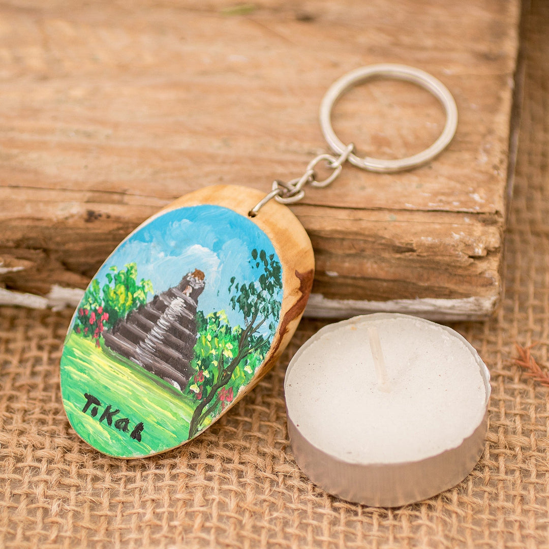 Hand-Carved Pinewood Keychain with Tikal Painting - Tikal Charm