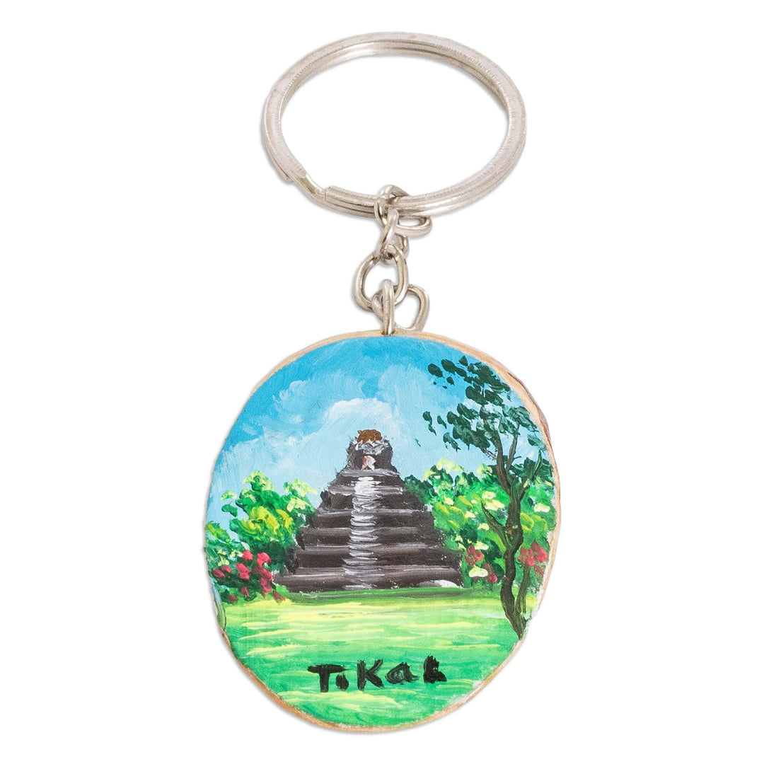 Hand-Carved Pinewood Keychain with Tikal Painting - Tikal Charm