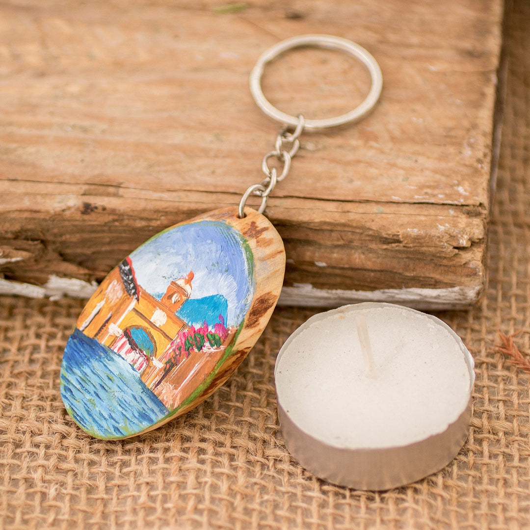 Hand-Carved Pinewood Keychain with Antigua's Arch Painting - Antigua's Charm