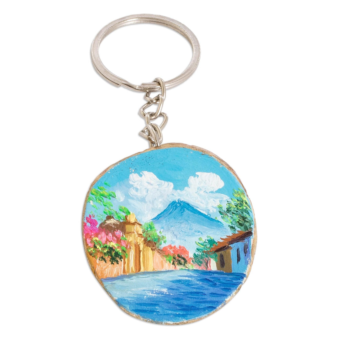 Hand-Carved Pinewood Keychain with Volcano Painting - Volcano Charm