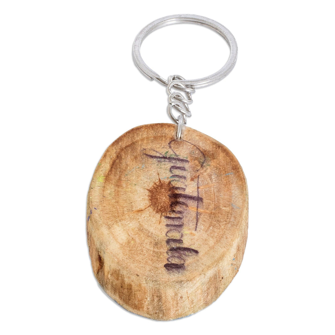 Hand-Carved Pinewood Keychain with Volcano Painting - Volcano Charm