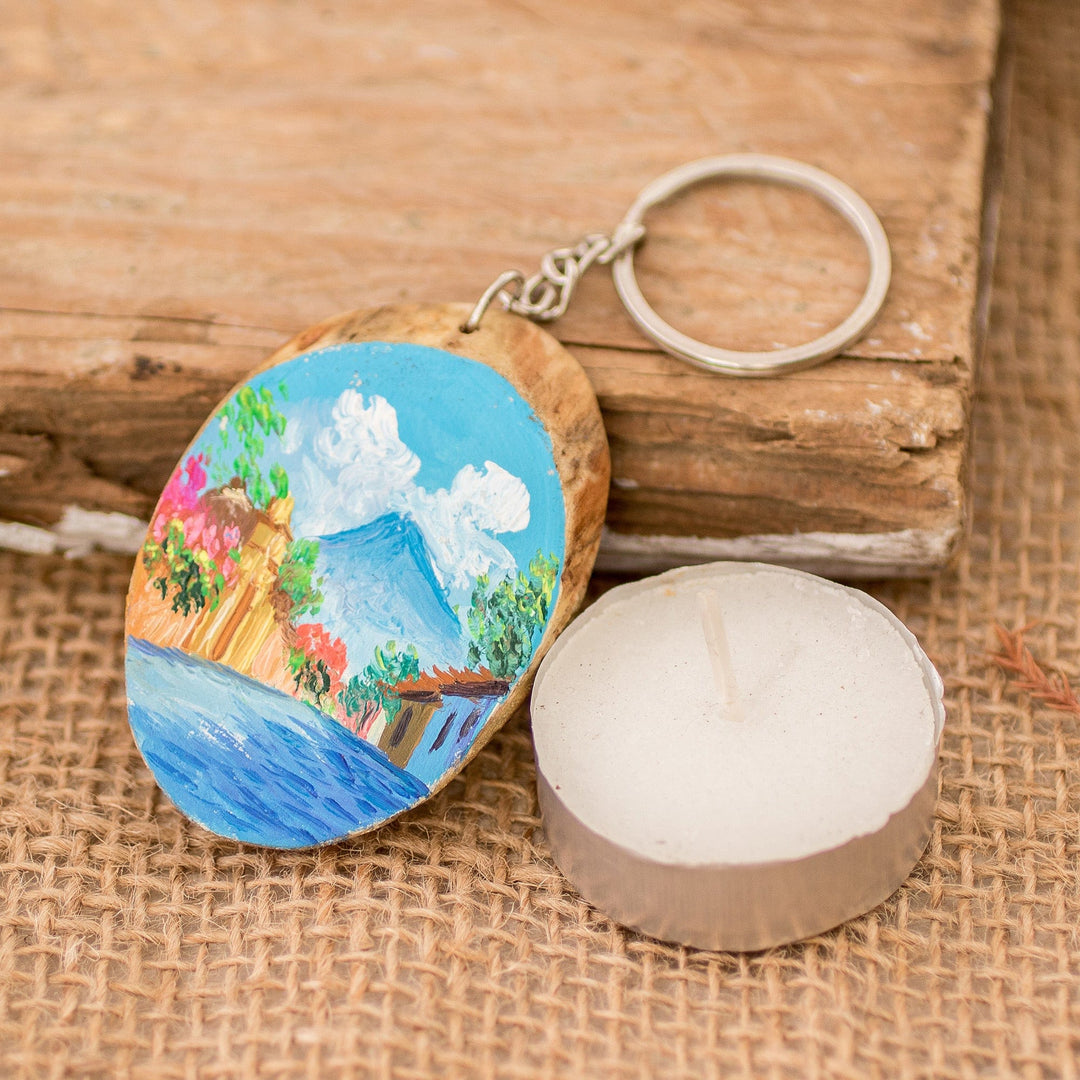 Hand-Carved Pinewood Keychain with Volcano Painting - Volcano Charm