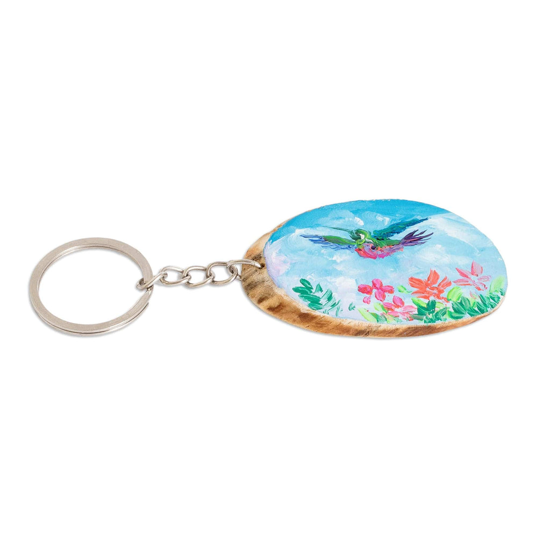 Hand-Carved Pinewood Keychain with Spring Sky Painting - Blue Sky Charm