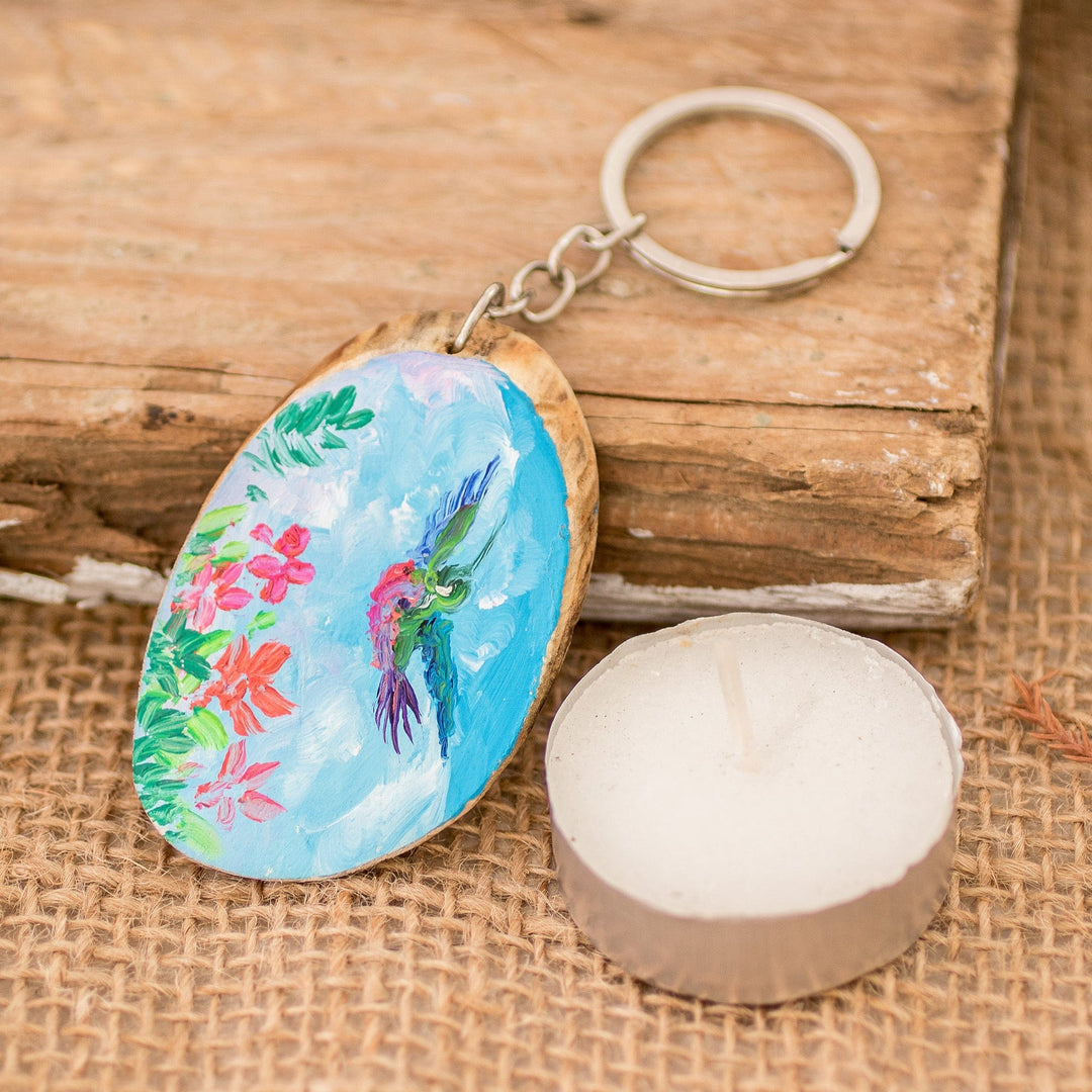 Hand-Carved Pinewood Keychain with Spring Sky Painting - Blue Sky Charm