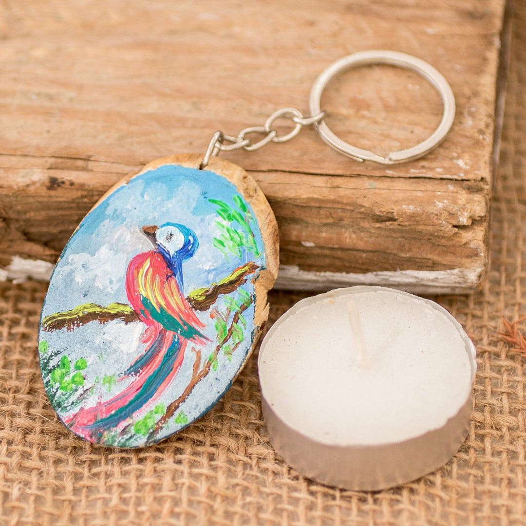 Hand-Carved Pinewood Keychain with Colorful Bird Painting - Nature Charm