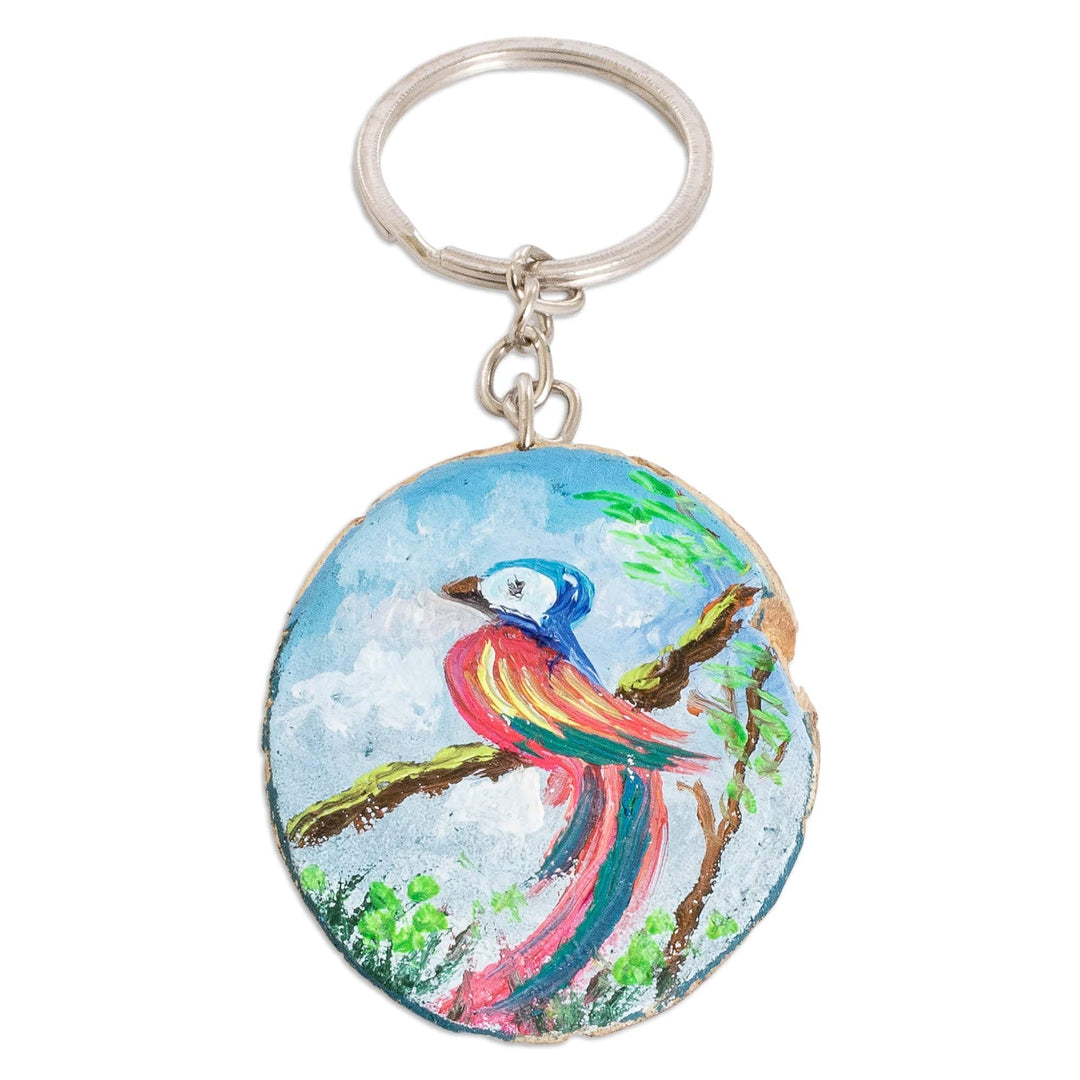 Hand-Carved Pinewood Keychain with Colorful Bird Painting - Nature Charm
