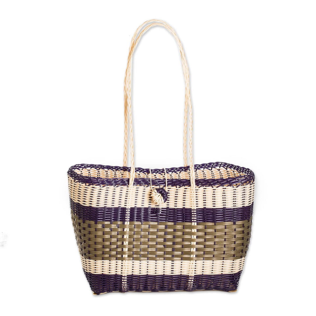 Eco-Friendly Handwoven Green Beige Blue Tote with Stripes - Stunning Stripes