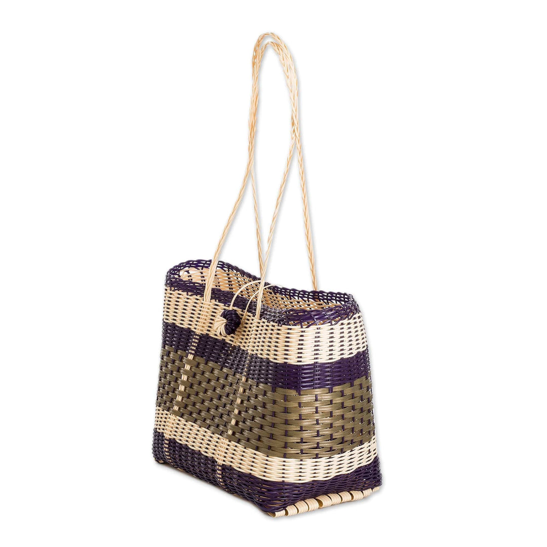 Eco-Friendly Handwoven Green Beige Blue Tote with Stripes - Stunning Stripes