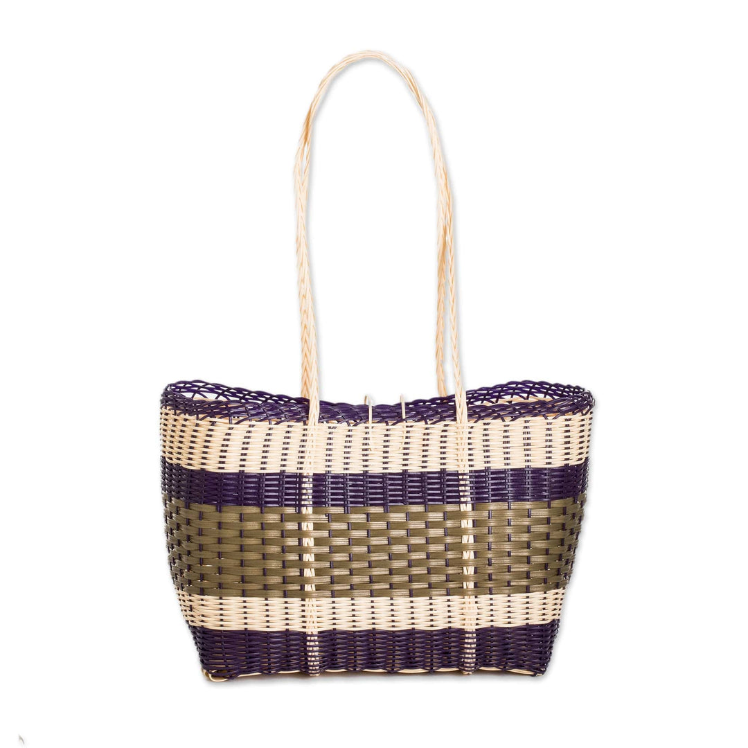 Eco-Friendly Handwoven Green Beige Blue Tote with Stripes - Stunning Stripes