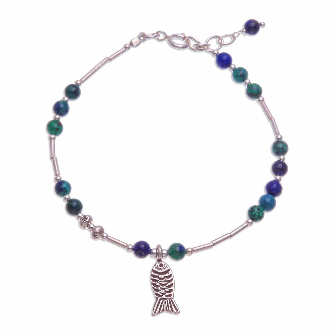 Fish-Themed Natural Azure-Malachite Beaded Charm Bracelet - Marine Luck