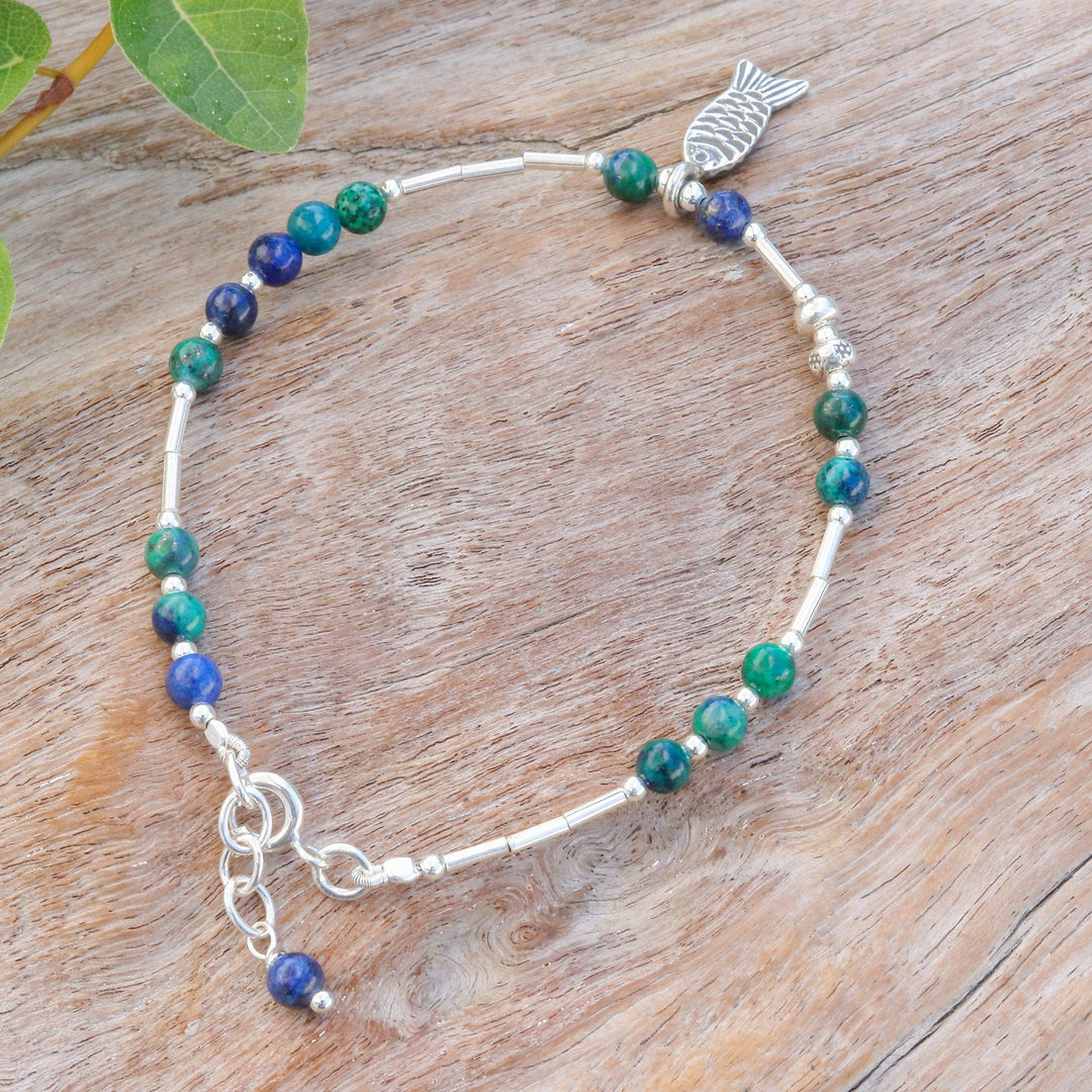 Fish-Themed Natural Azure-Malachite Beaded Charm Bracelet - Marine Luck