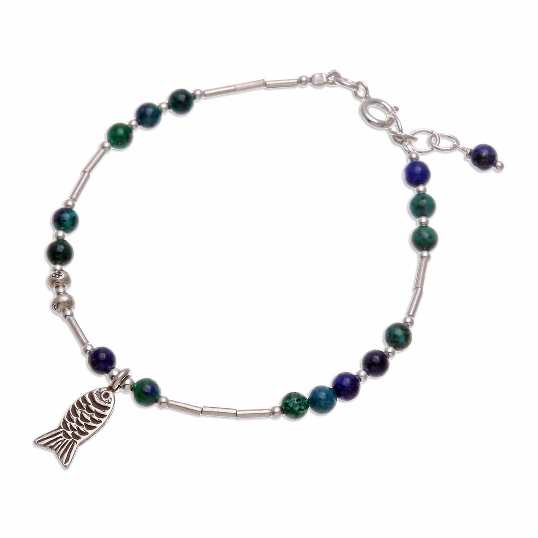 Fish-Themed Natural Azure-Malachite Beaded Charm Bracelet - Marine Luck