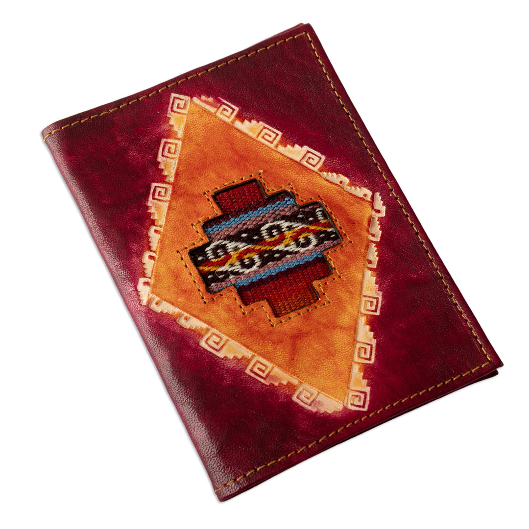 Chakana-Themed Burgundy Leather Passport Cover from Peru - Chakana Tapestry
