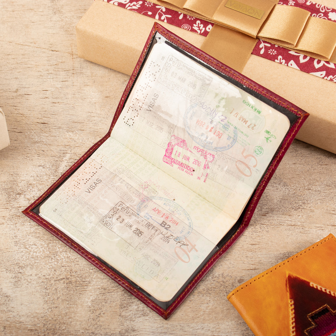 Chakana-Themed Burgundy Leather Passport Cover from Peru - Chakana Tapestry
