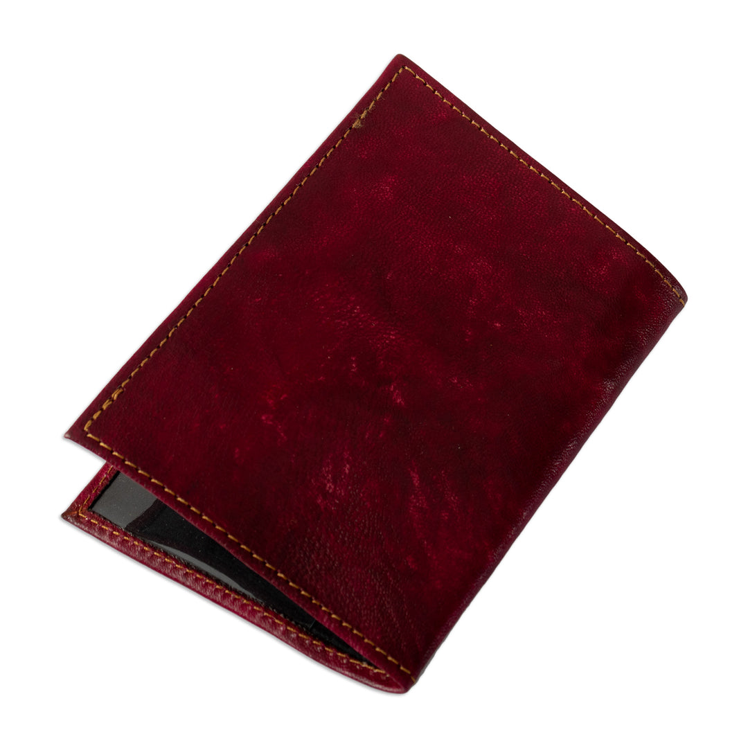 Chakana-Themed Burgundy Leather Passport Cover from Peru - Chakana Tapestry