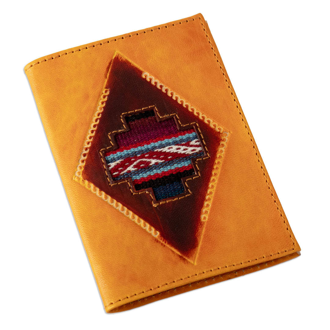 Chakana-Themed Orange Leather Passport Cover from Peru - Chakana Heritage
