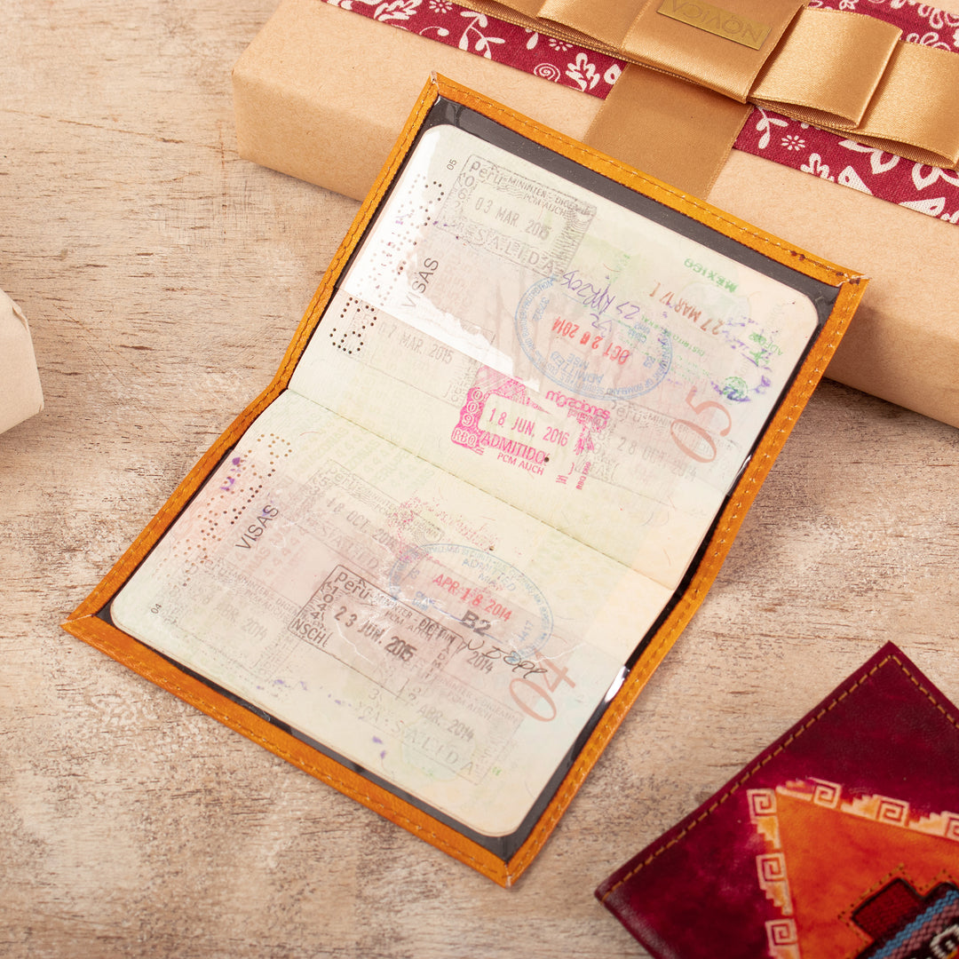 Chakana-Themed Orange Leather Passport Cover from Peru - Chakana Heritage