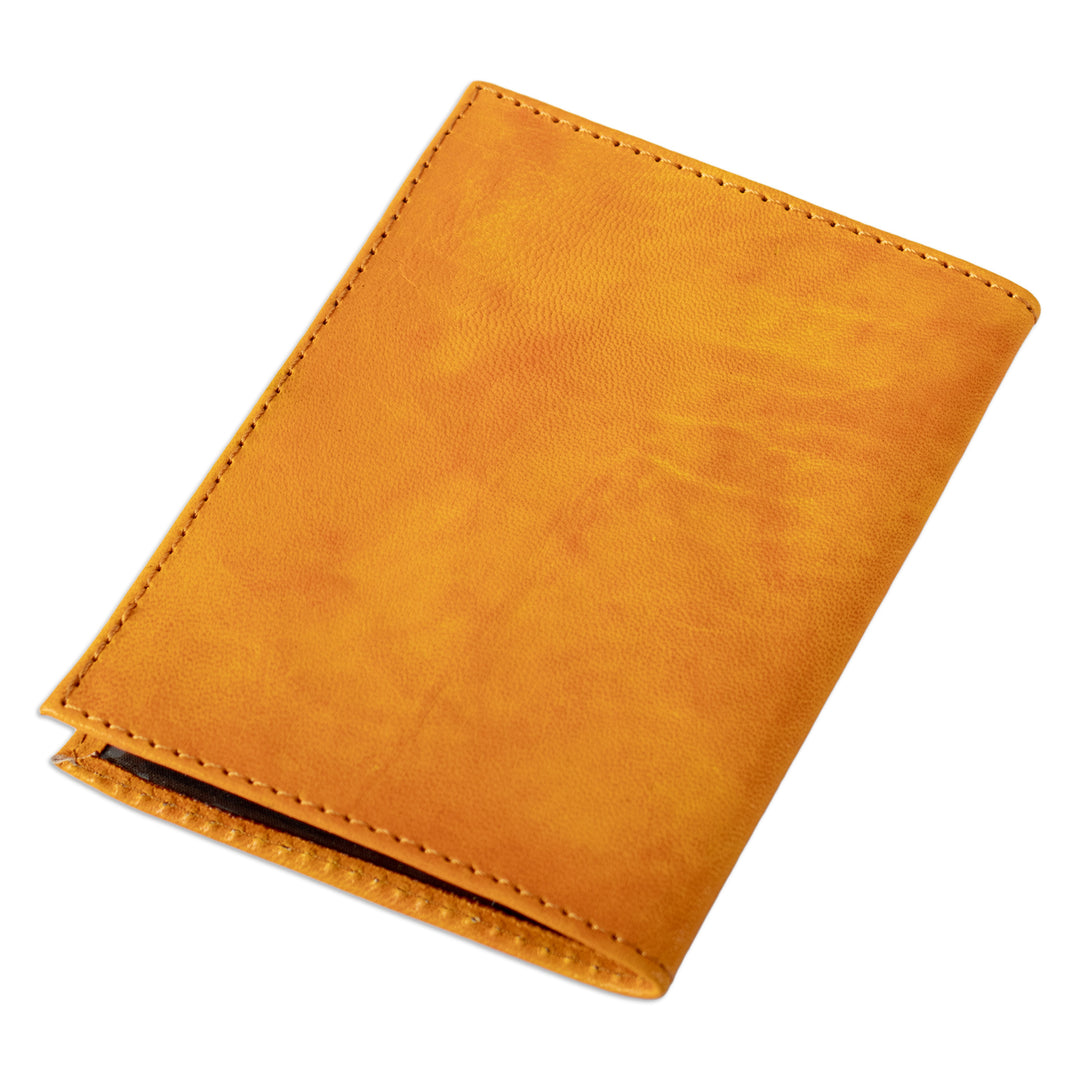 Chakana-Themed Orange Leather Passport Cover from Peru - Chakana Heritage