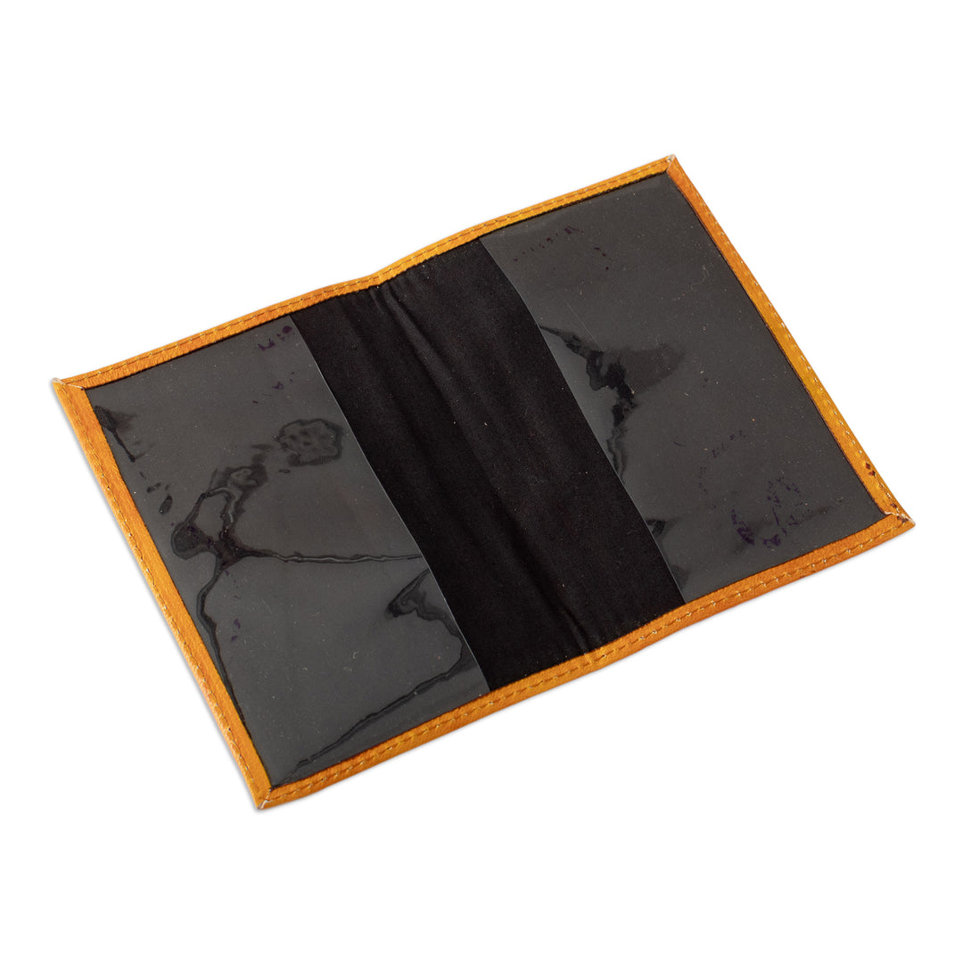 Chakana-Themed Orange Leather Passport Cover from Peru - Chakana Heritage