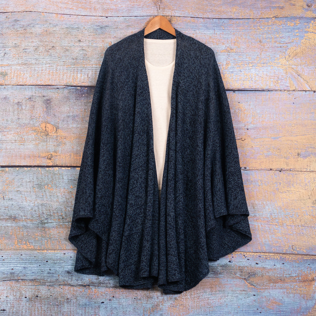 Textured Knit Alpaca Blend Ruana in Blue Shades from Peru - Sea Blue