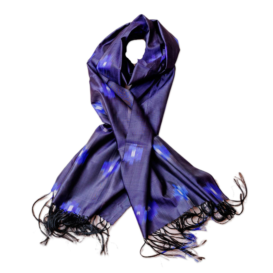 Fringed Cotton Ikat Scarf in Blue Hand-Woven in Uzbekistan - Electric Sky