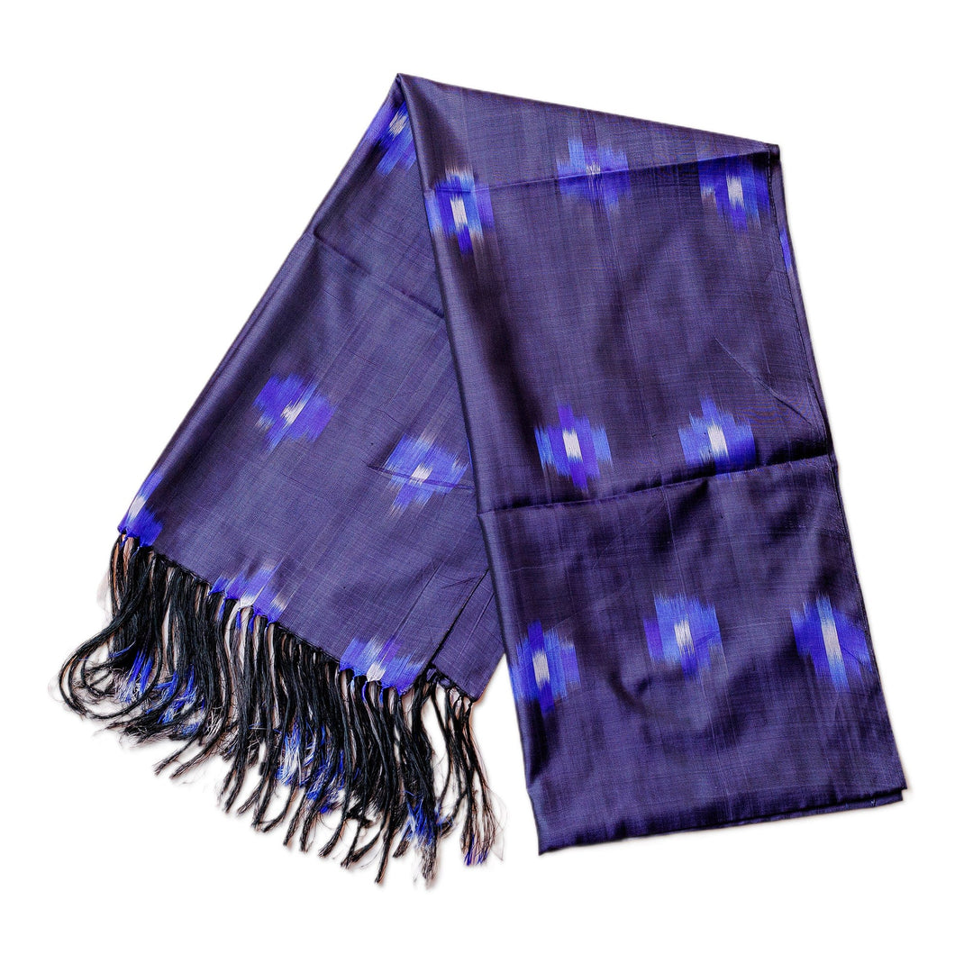 Fringed Cotton Ikat Scarf in Blue Hand-Woven in Uzbekistan - Electric Sky