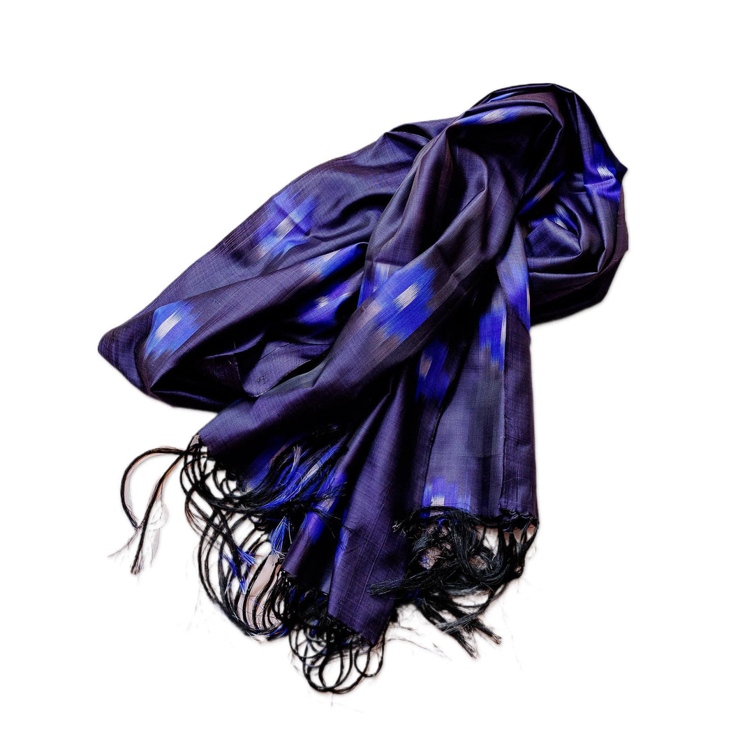 Fringed Cotton Ikat Scarf in Blue Hand-Woven in Uzbekistan - Electric Sky