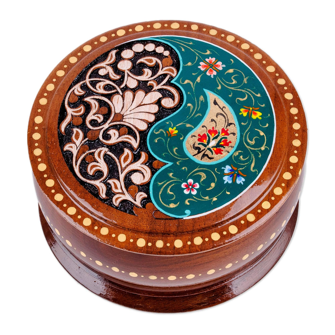 Round Walnut Wood Jewelry Box with Paisley and Floral Motifs - Teal Paisley Glory