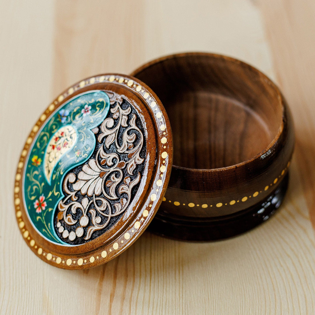 Round Walnut Wood Jewelry Box with Paisley and Floral Motifs - Teal Paisley Glory