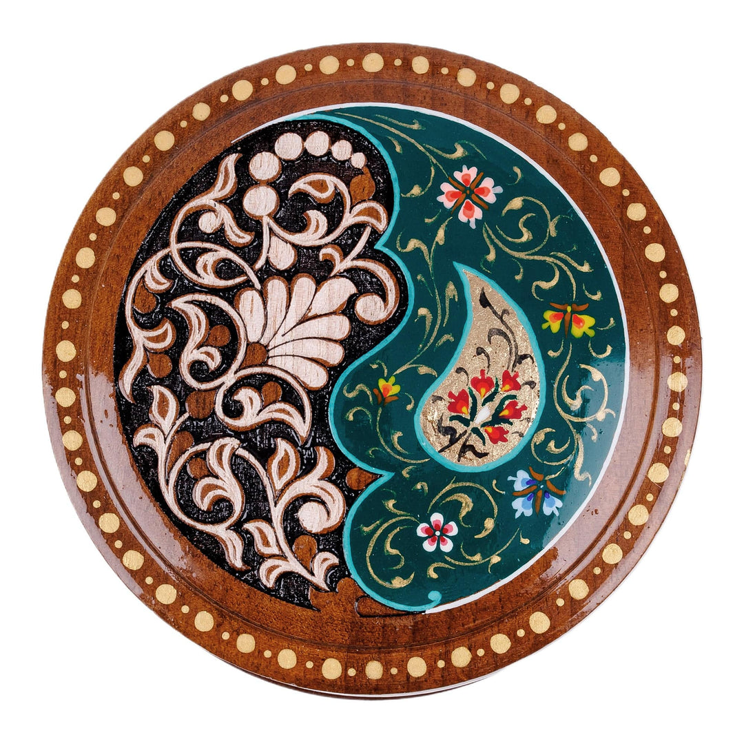 Round Walnut Wood Jewelry Box with Paisley and Floral Motifs - Teal Paisley Glory