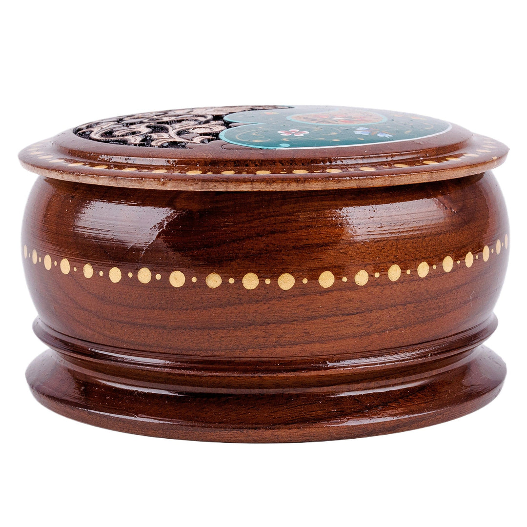Round Walnut Wood Jewelry Box with Paisley and Floral Motifs - Teal Paisley Glory