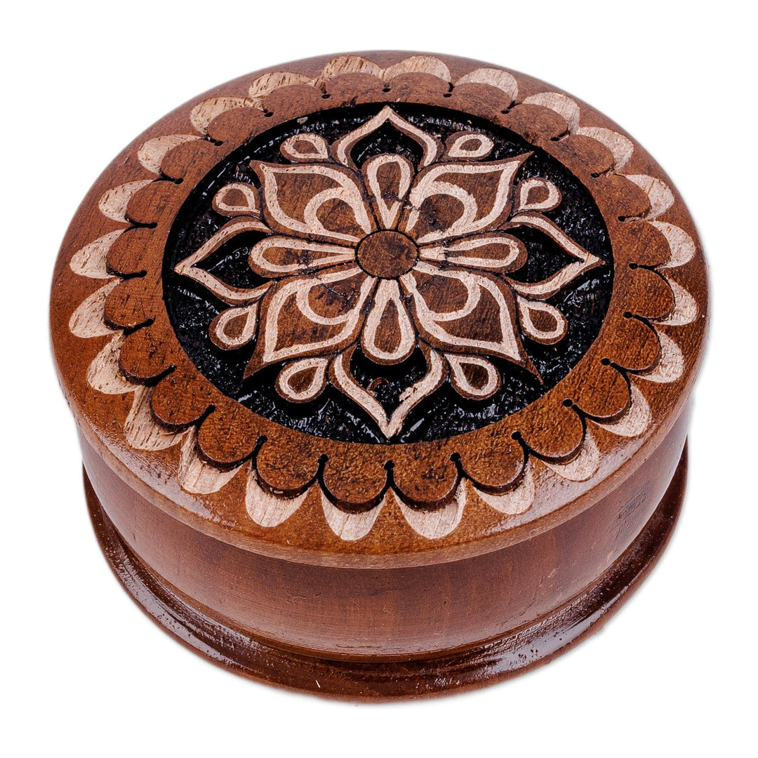 Round Wood Mini Jewelry Box with Hand-Carved Floral Motif - Majestic Flower