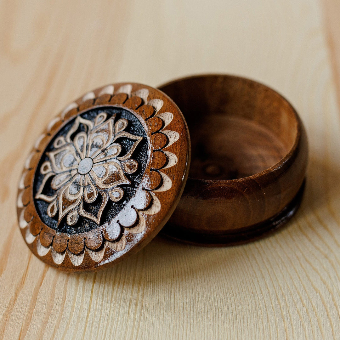 Round Wood Mini Jewelry Box with Hand-Carved Floral Motif - Majestic Flower
