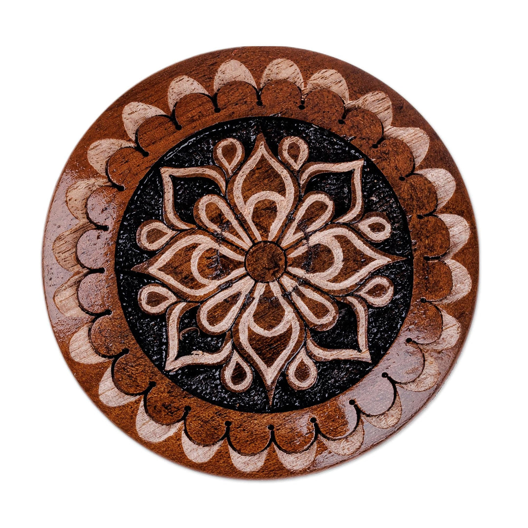 Round Wood Mini Jewelry Box with Hand-Carved Floral Motif - Majestic Flower