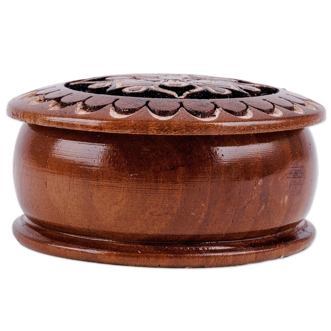 Round Wood Mini Jewelry Box with Hand-Carved Floral Motif - Majestic Flower