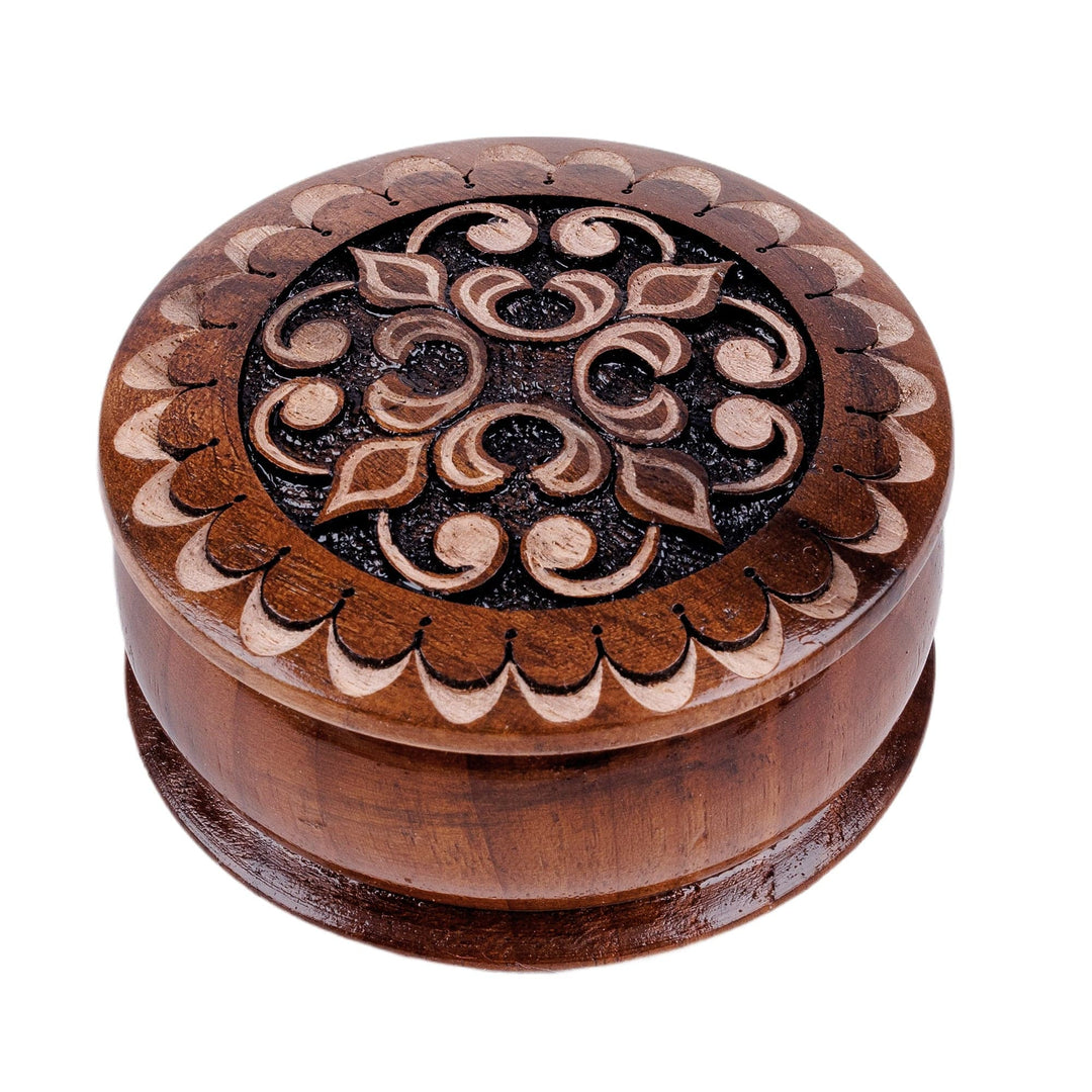 Round Wood Mini Jewelry Box with Hand-Carved Cross Motif - Majestic Cross