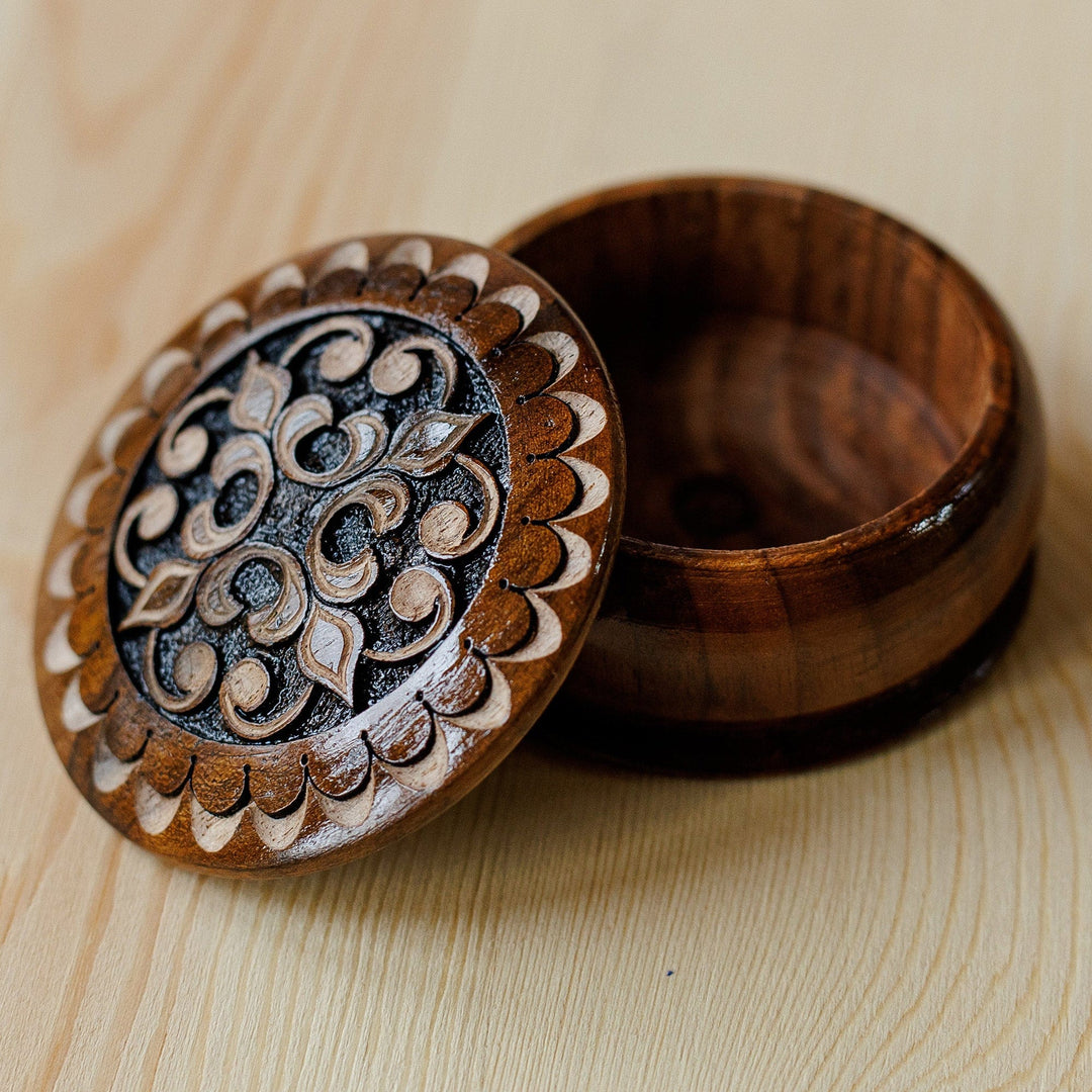 Round Wood Mini Jewelry Box with Hand-Carved Cross Motif - Majestic Cross
