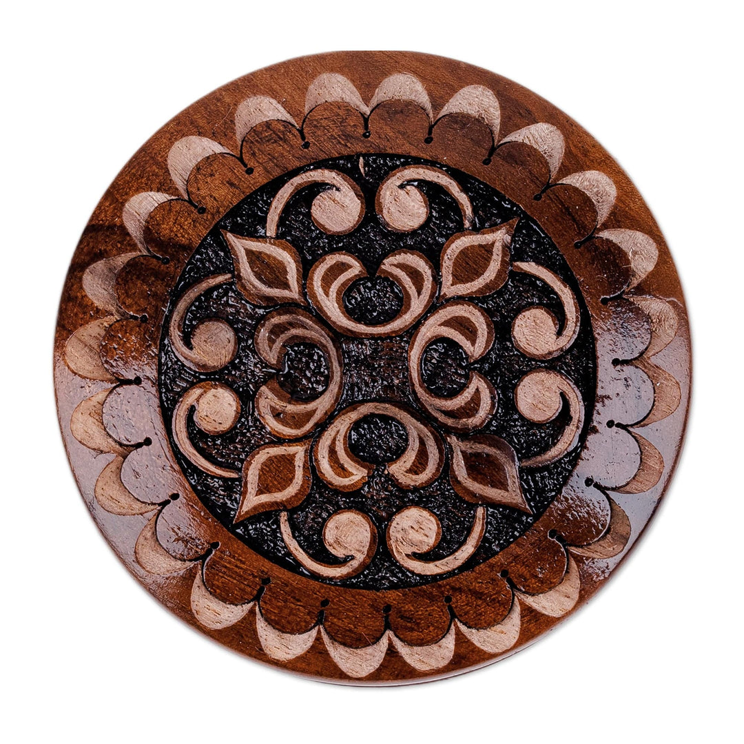 Round Wood Mini Jewelry Box with Hand-Carved Cross Motif - Majestic Cross