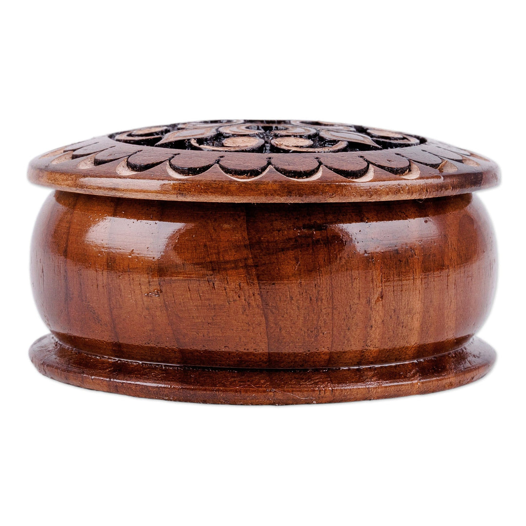 Round Wood Mini Jewelry Box with Hand-Carved Cross Motif - Majestic Cross