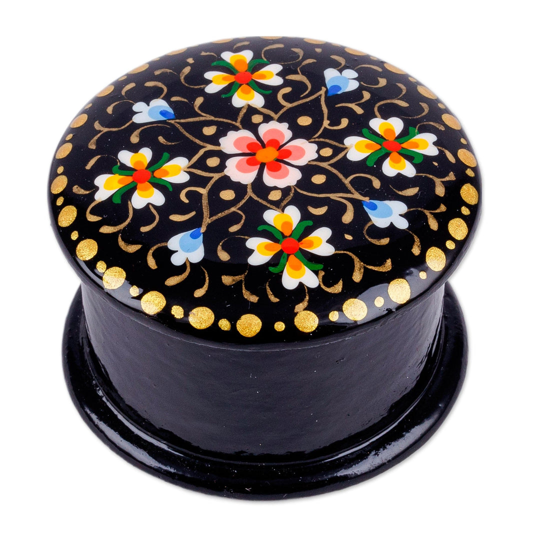 Hand-Painted Floral Round Black Papier Mache Ring Box - Arcadia at Night