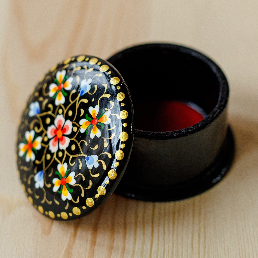 Hand-Painted Floral Round Black Papier Mache Ring Box - Arcadia at Night
