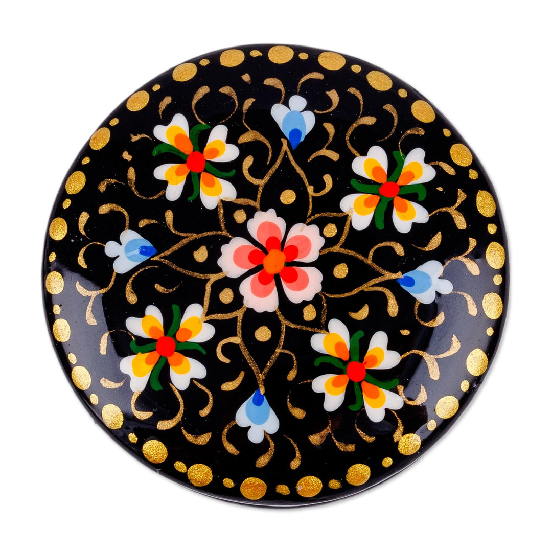 Hand-Painted Floral Round Black Papier Mache Ring Box - Arcadia at Night
