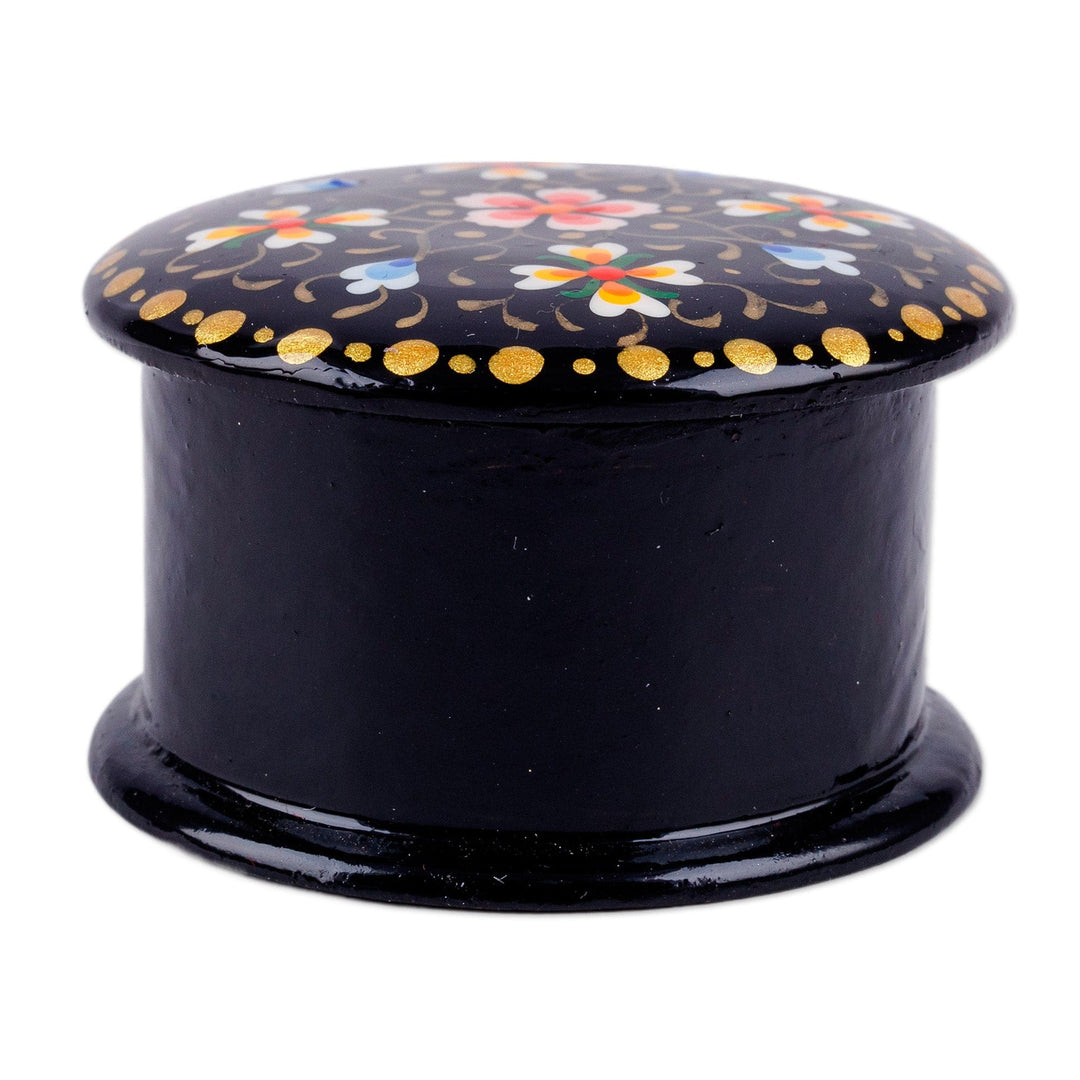 Hand-Painted Floral Round Black Papier Mache Ring Box - Arcadia at Night