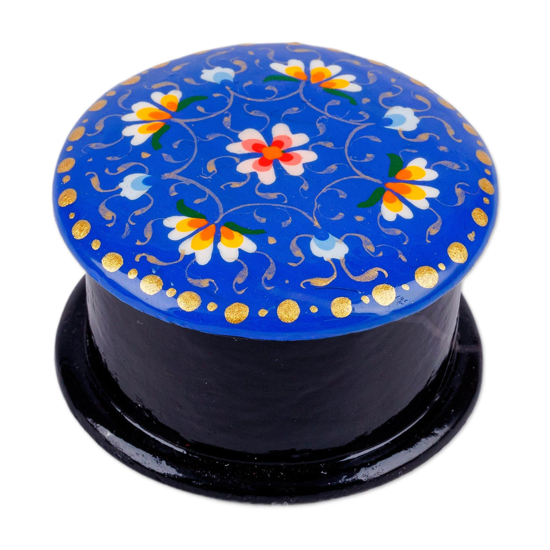 Hand-Painted Floral Round Blue Papier Mache Ring Box - Arcadia in Blue