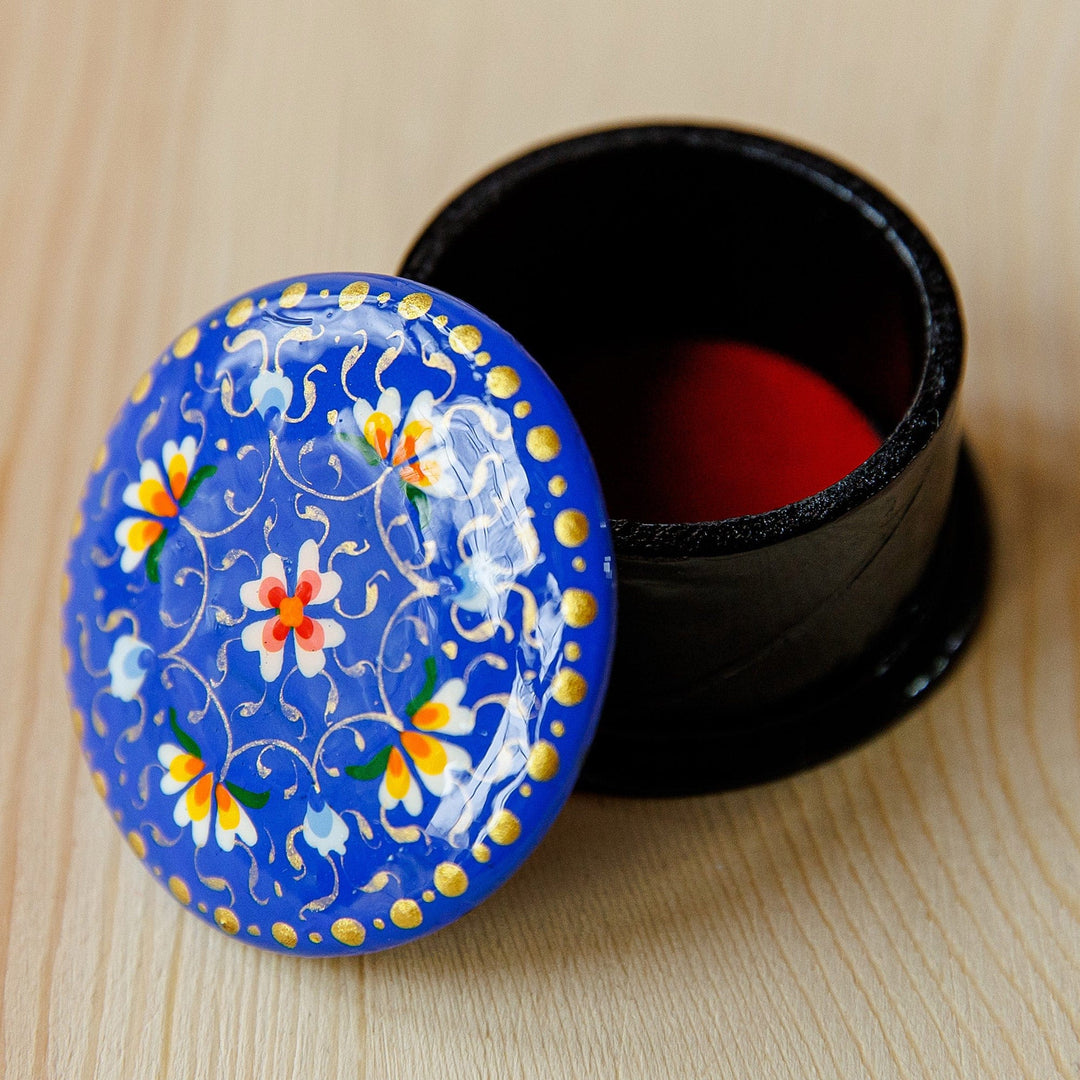 Hand-Painted Floral Round Blue Papier Mache Ring Box - Arcadia in Blue