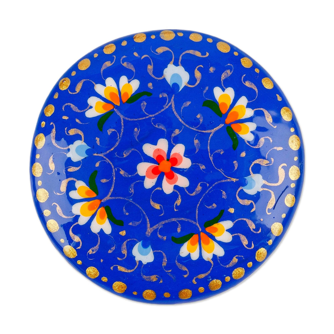 Hand-Painted Floral Round Blue Papier Mache Ring Box - Arcadia in Blue
