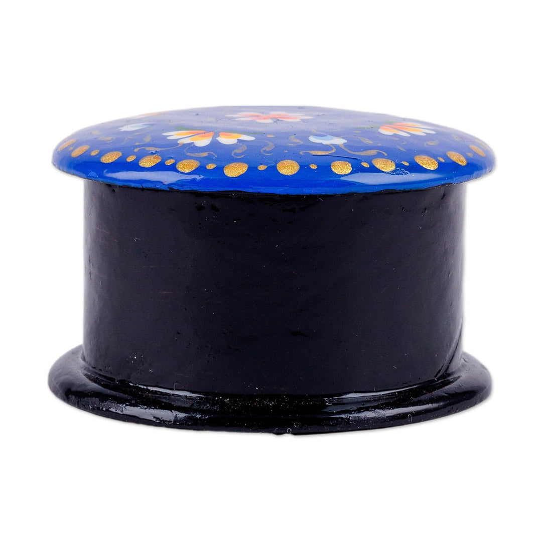 Hand-Painted Floral Round Blue Papier Mache Ring Box - Arcadia in Blue