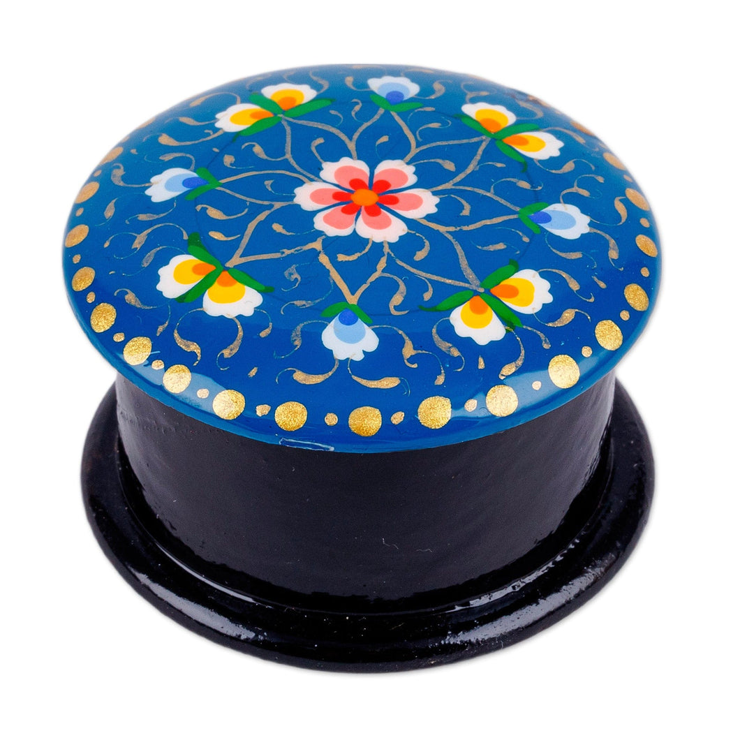 Hand-Painted Floral Round Vibrant Blue Papier Mache Ring Box - Arcadia in Fantasy