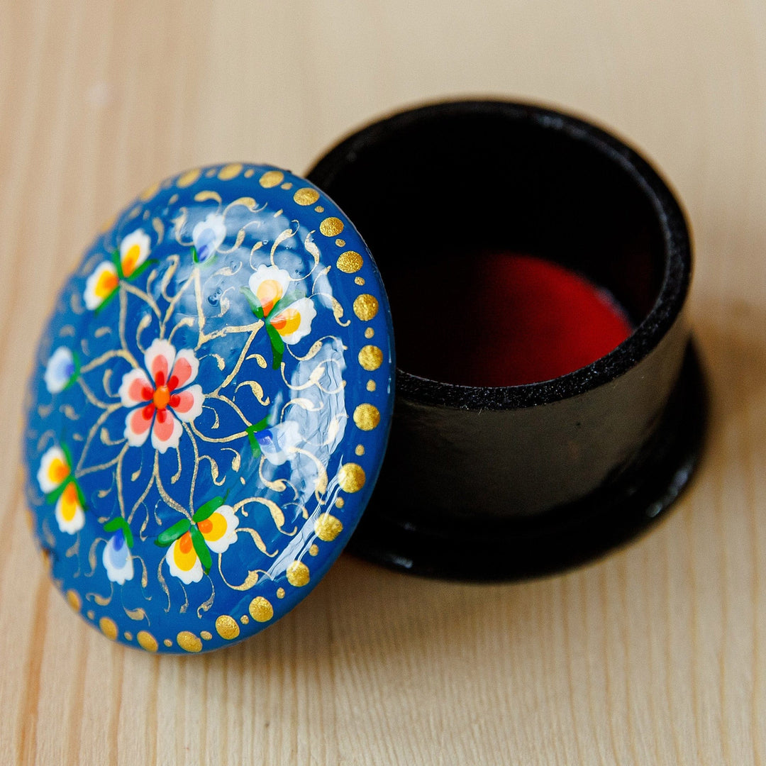 Hand-Painted Floral Round Vibrant Blue Papier Mache Ring Box - Arcadia in Fantasy