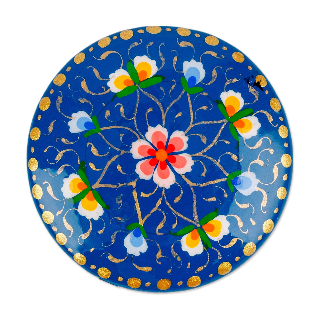 Hand-Painted Floral Round Vibrant Blue Papier Mache Ring Box - Arcadia in Fantasy